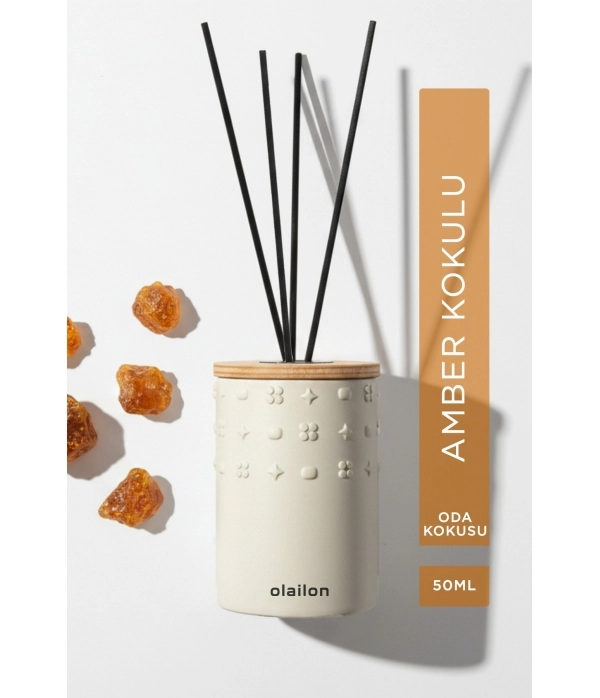 Luxury Amber Kokulu Dekoratif Çubuklu Oda Kokusu 50ml, Beton Gövde, Ahşap Kapak