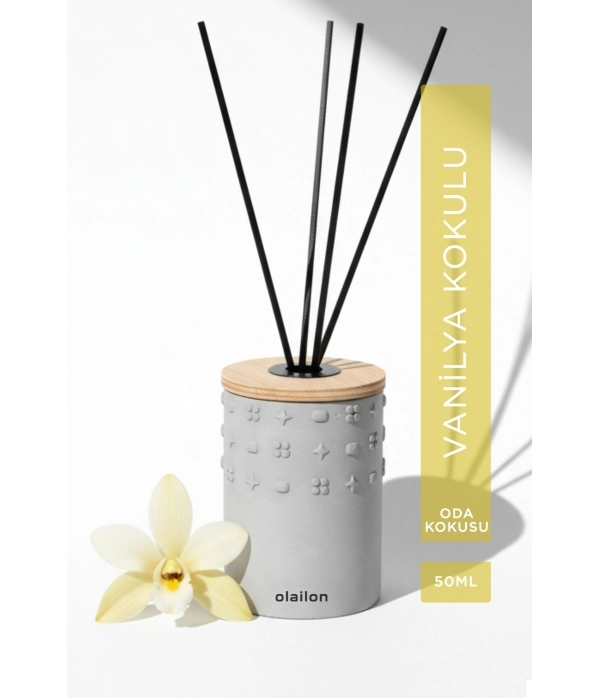 Luxury Vanilya Kokulu Dekoratif Çubuklu Oda Kokusu 50ml, Beton Gövde, Ahşap Kapak